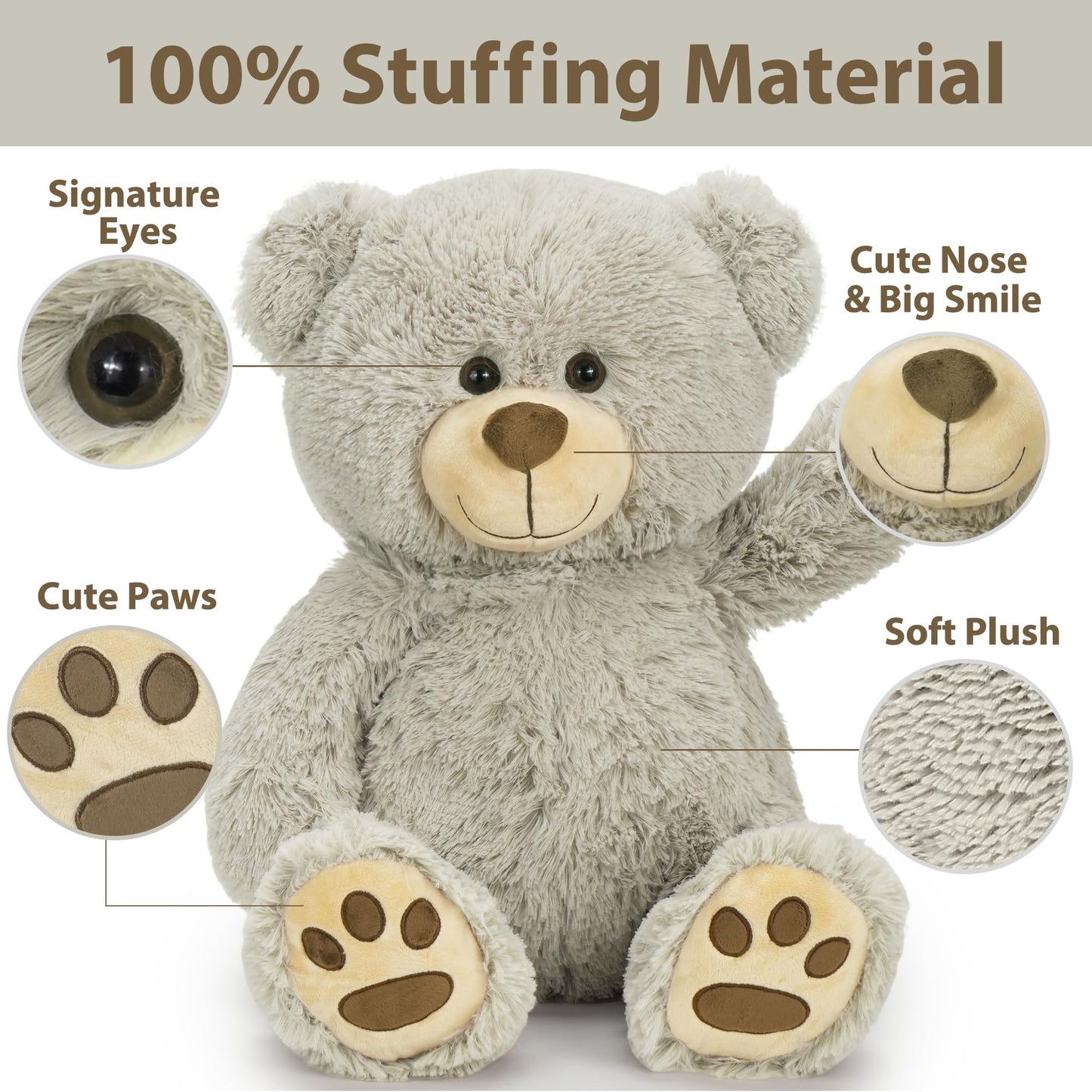 LotFancy 20 inch Gray Teddy Bear Plush Toy, Cute Footprints, Soft Stuffed Animal Gift for Kids, Baby Shower, Birthday, Christmas, Easter