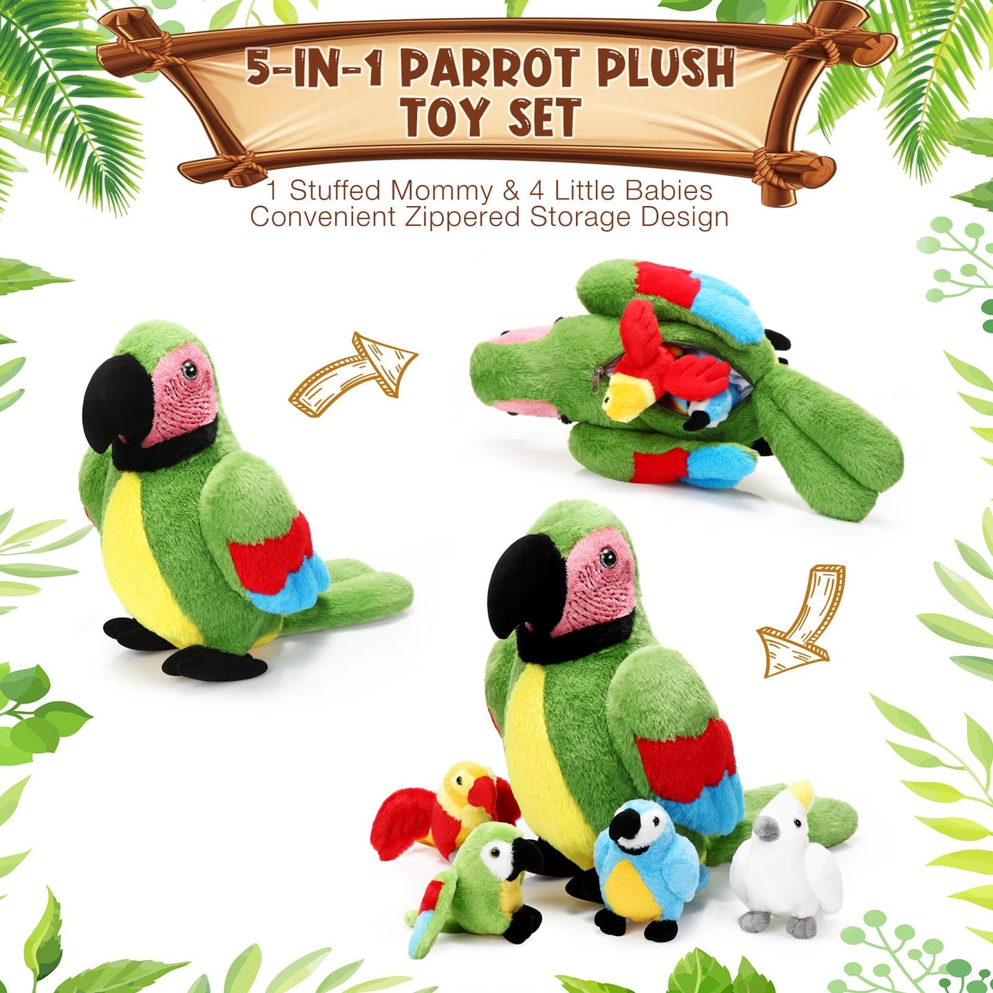Meooeck 5 Pcs Christmas Macaw Parrot Plush Set 13 Inch Mommy Parrot Stuffed Animal With 4 Cute Plush Baby Parrot In Her Belly So