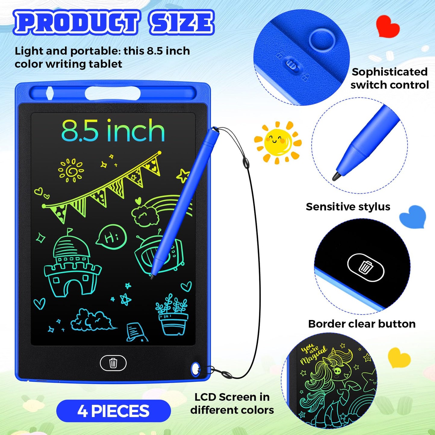Zonon LCD Writing Tablet - 8.5 Inch Doodle Board, 4 Pcs, Erasable, Reusable, Colorful Screen Pad - Blue