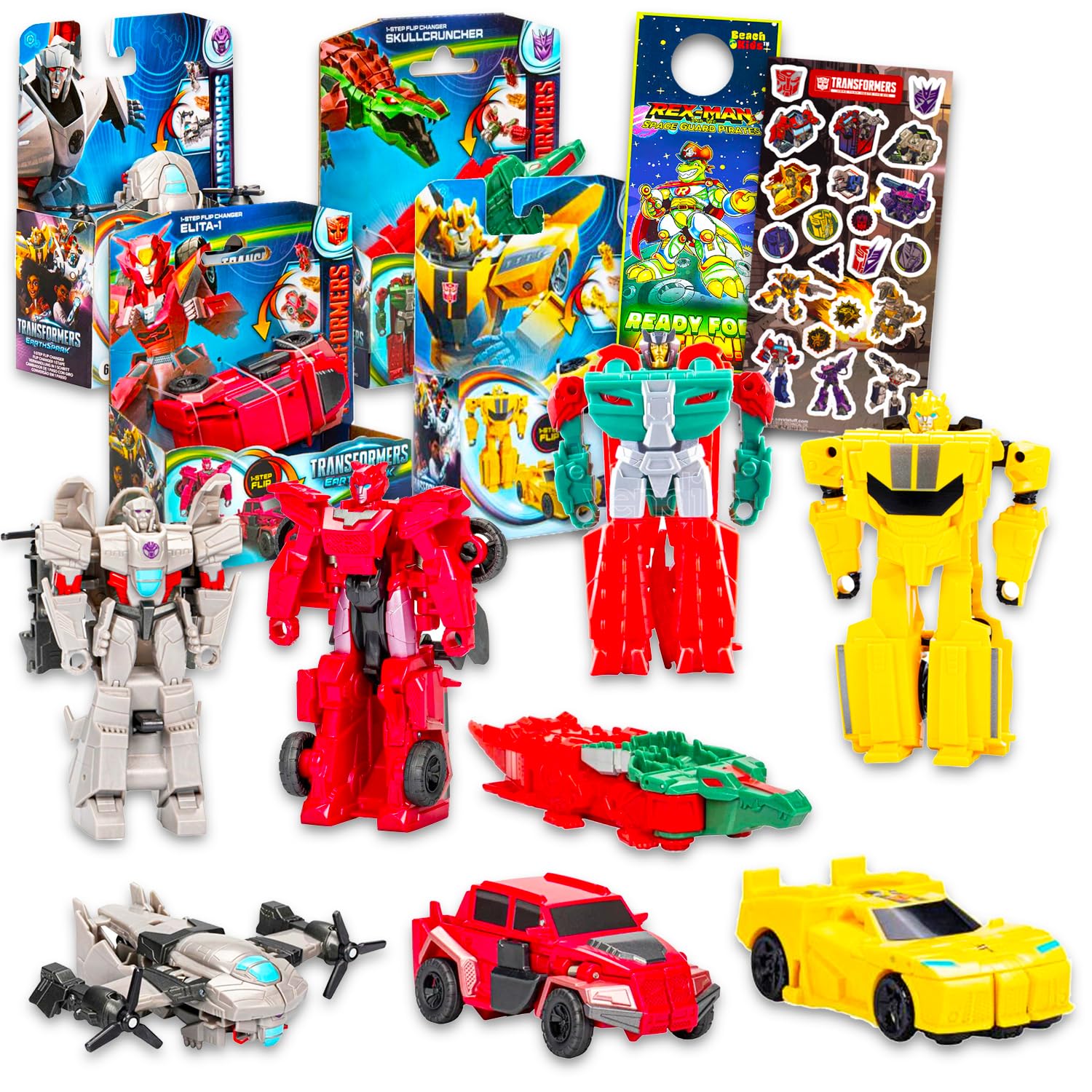 Transformers 1 Step Flip Changer Earthspark Action Figure Set - Bundle of 4 Toys: Bumblebee, Skullcruncher, Megatron, Elita One,