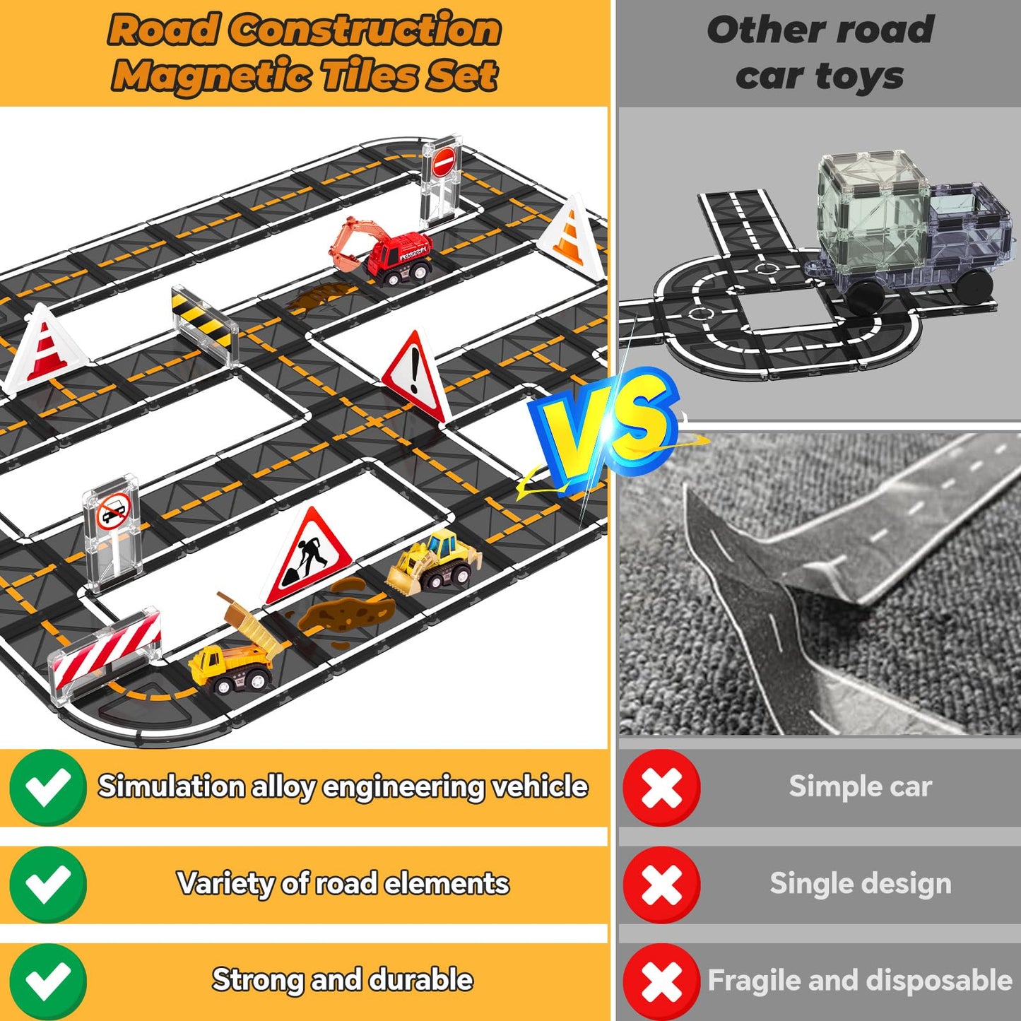 Magnetic Tiles, Magnetic Blocks Engineering Construction Vehicle Road Set, Toddler Toys For 3 4 5 Year Old Boys Girls Montessori Preschool Classroom Must Haves Stem Educational Kids Toys Birthday Gift
