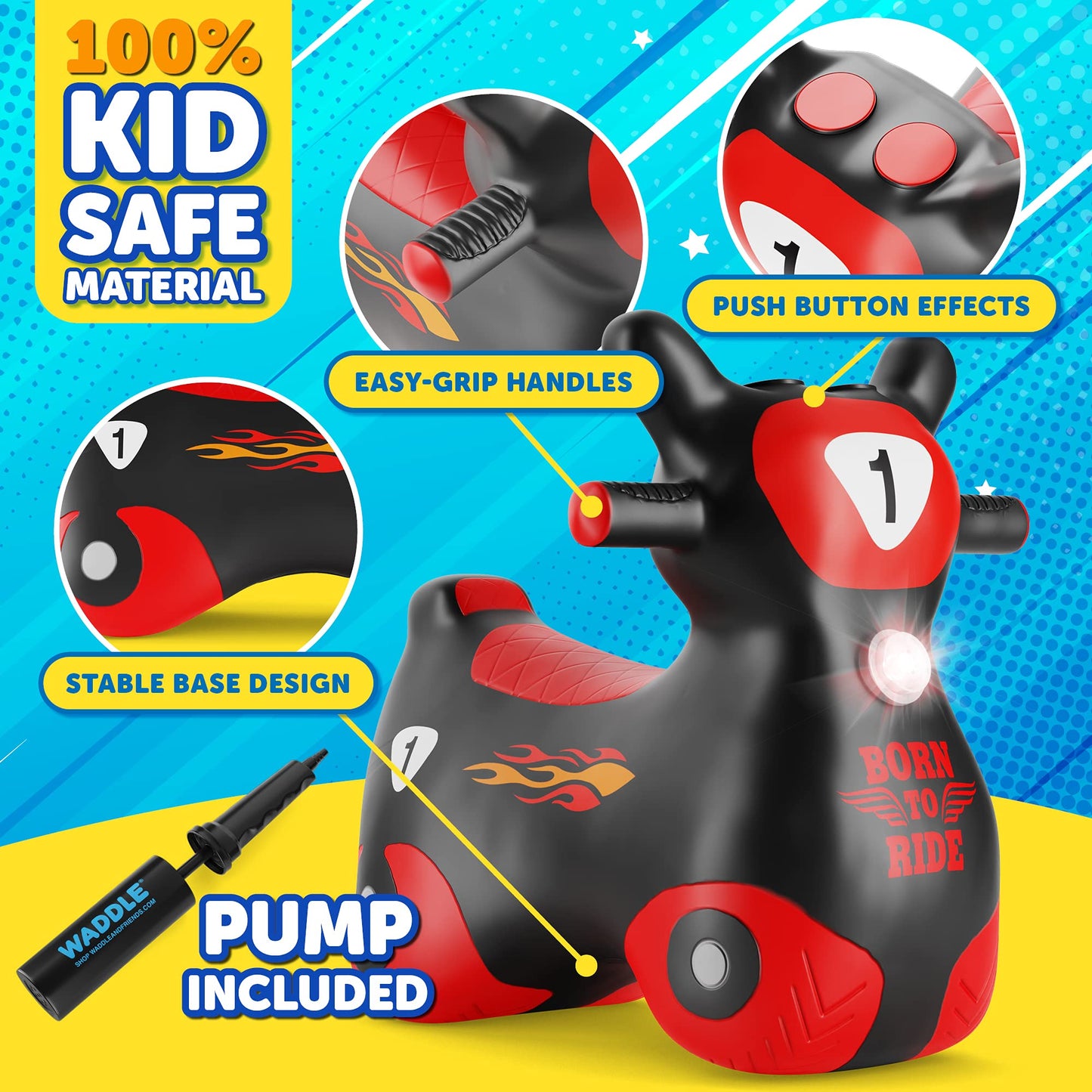 Waddle Bouncy Hopper Inflatable Hopping Toy Scooter, Indoors And Outdoor Toy For Toddlers And Kids, Boys And Girls Ages 2 Years And Up (Black/Red Zoomer)