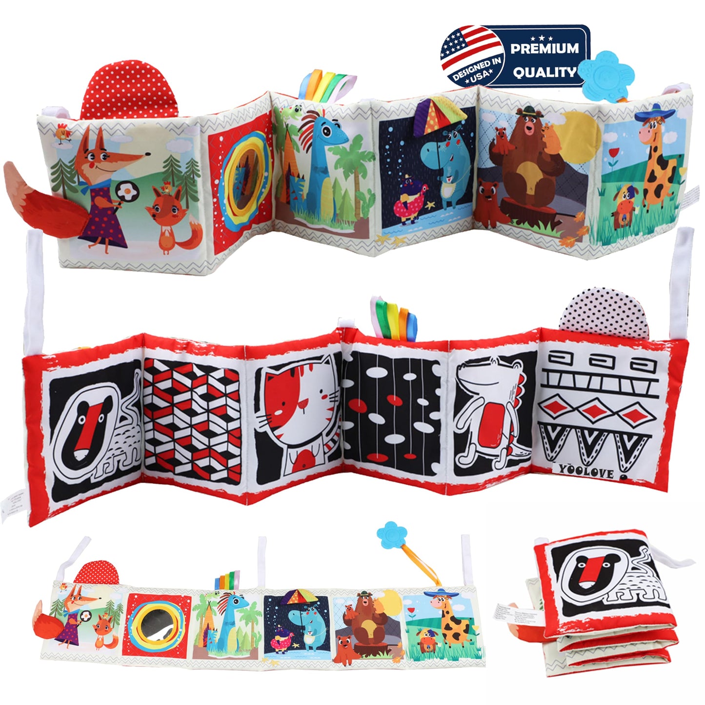 High Contrast Tummy Time Toys  Black and White Crinkle Books for Babies  Baby Books 0-6 Months  Infant Mirror Toy with Teether  Double-Sided Baby Toys for Boys and Girls