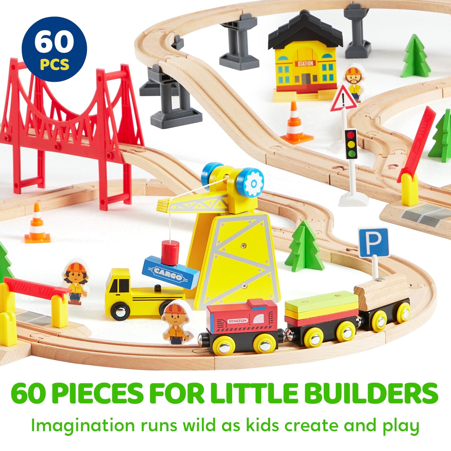 60Pcs Montessori Wooden Train Set - Construction Express, Engineering Railway With Magnetic Crane, Trains & Accessories, Perfect