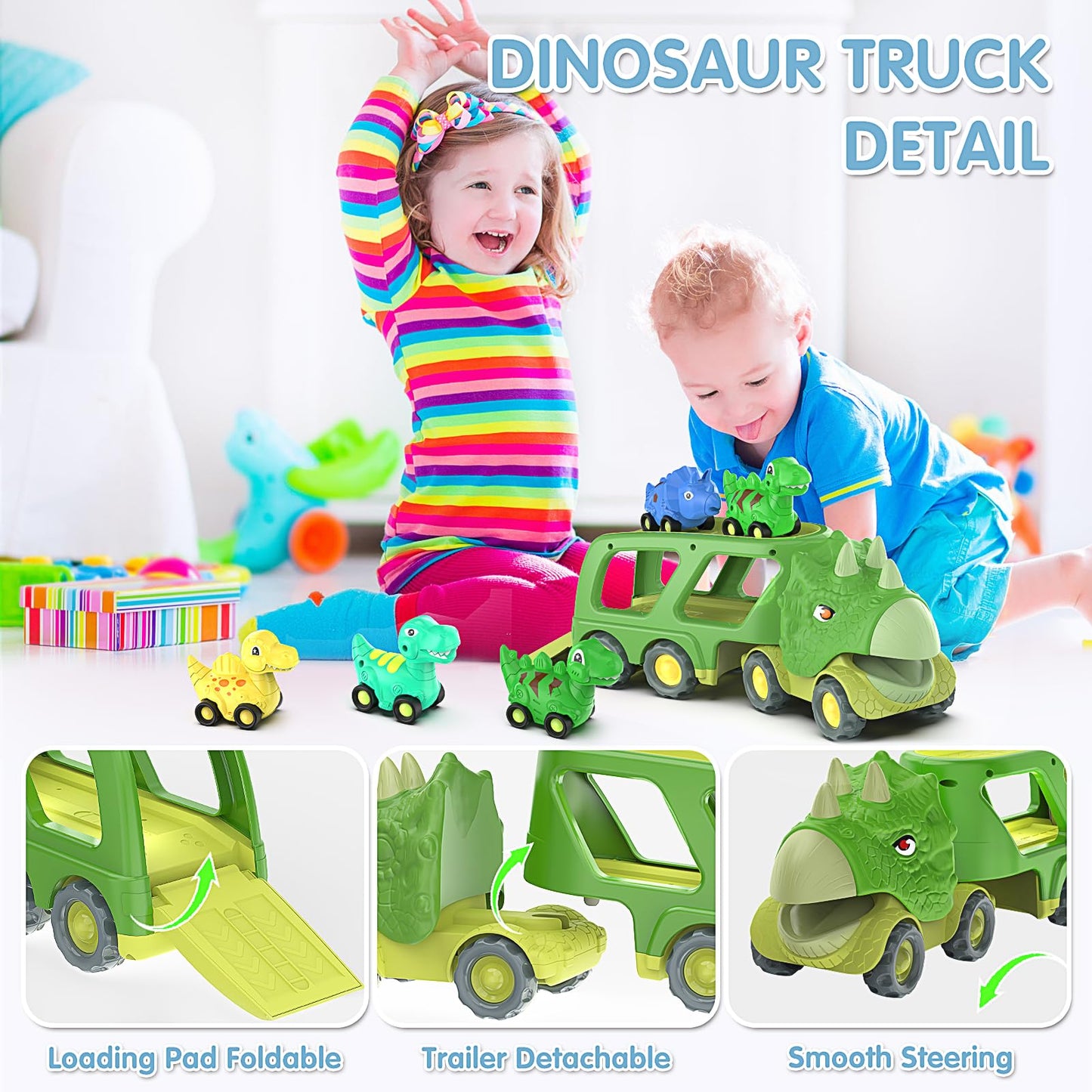 Moritakk Dinosaur Toys for Kids 3-5 Years Old,Dinosaur Transport Carrier Truck with 4 Pack Small Pull Back Dino Car,Dinosaur Tra