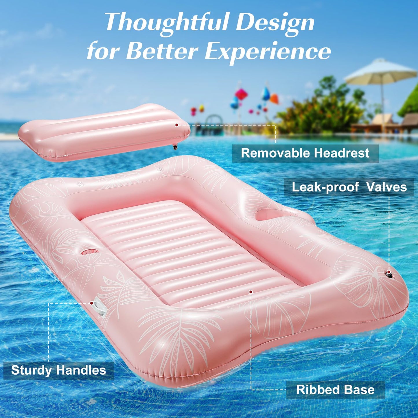 HeySplash Inflatable Pool Float Lounge, Large Pink Leaf, PVC, with Cup Holder & Pillow, Model P723314223292