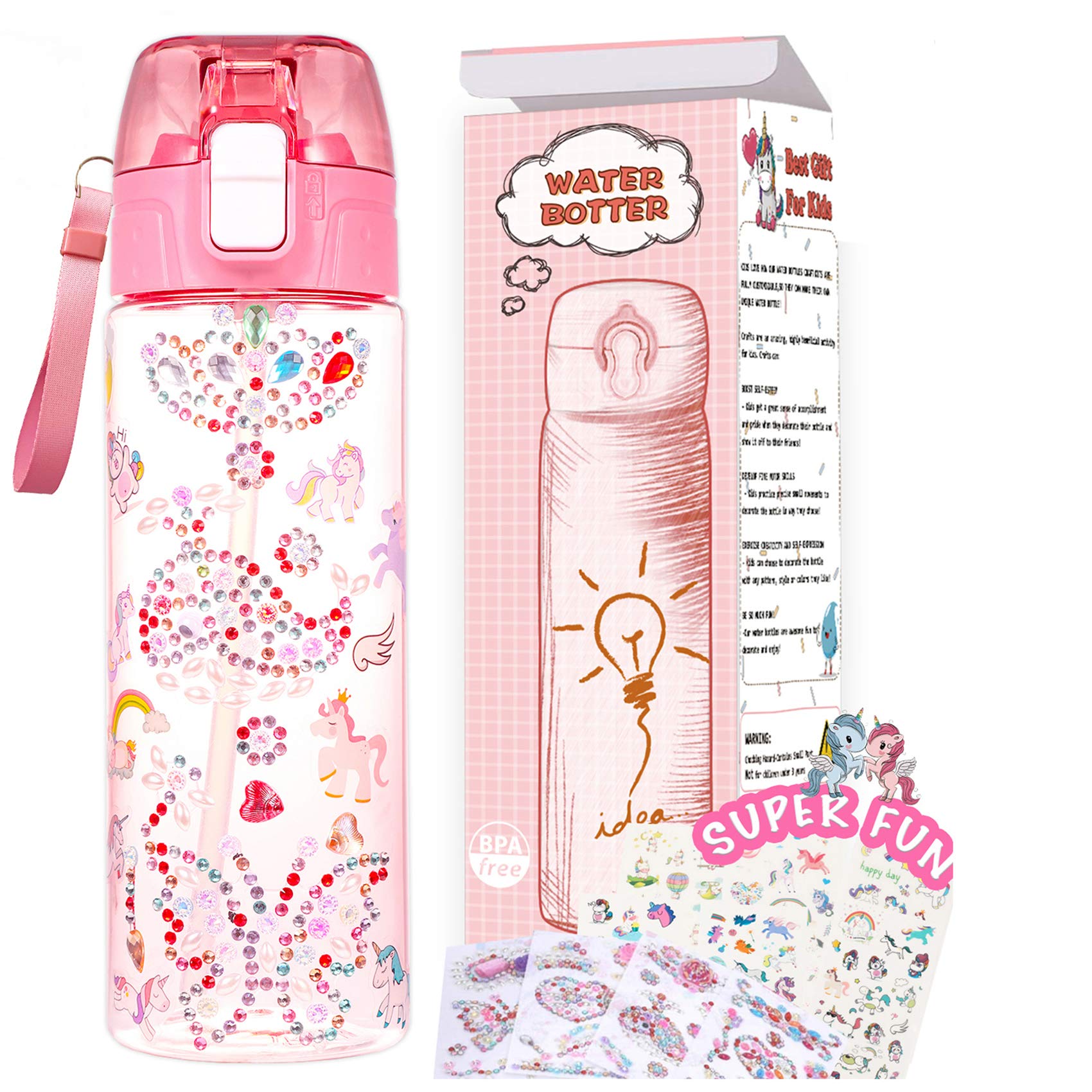 Y YOFUN Decorate Your Own Water Bottle with Tons of Glitter Gem & Unicorn Stickers, BPA Free Tritan Material, 20 oz, Kids Craft 