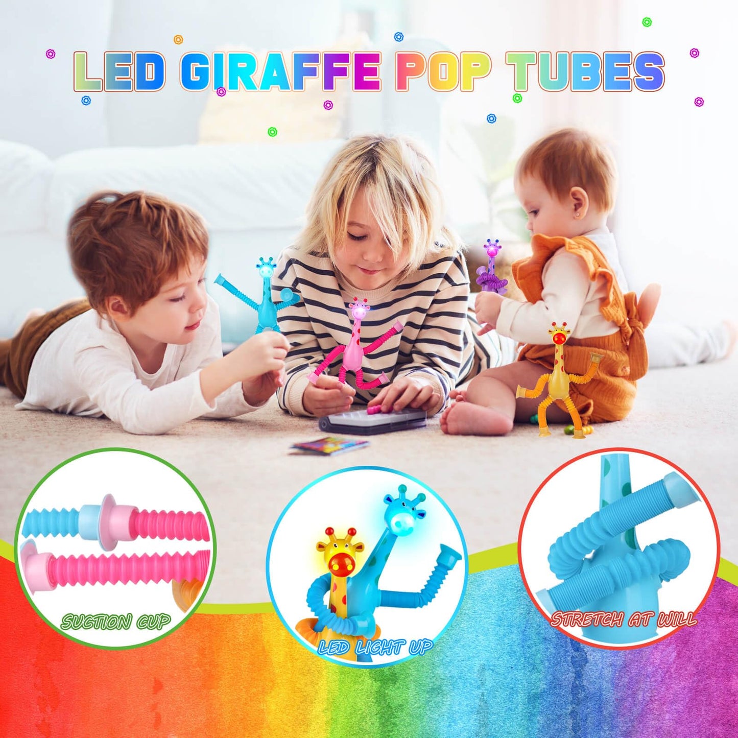 4 Pack Led Telescopic Suction Cup Giraffe Toys,Pop Tubes, Shape Changing Telescopic Tube Fidget Toys, Toddler Sensory Toys, Fidget Tubes Sensory Toys For Girls Boys (Giraffe)