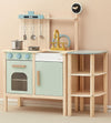 Pillowhale 2-in-1 Wooden Play Kitchen with Storage Rack, Kids Pretend Cooking Set w/Sink, Stove, Microwave & 8 Accessories, Mont
