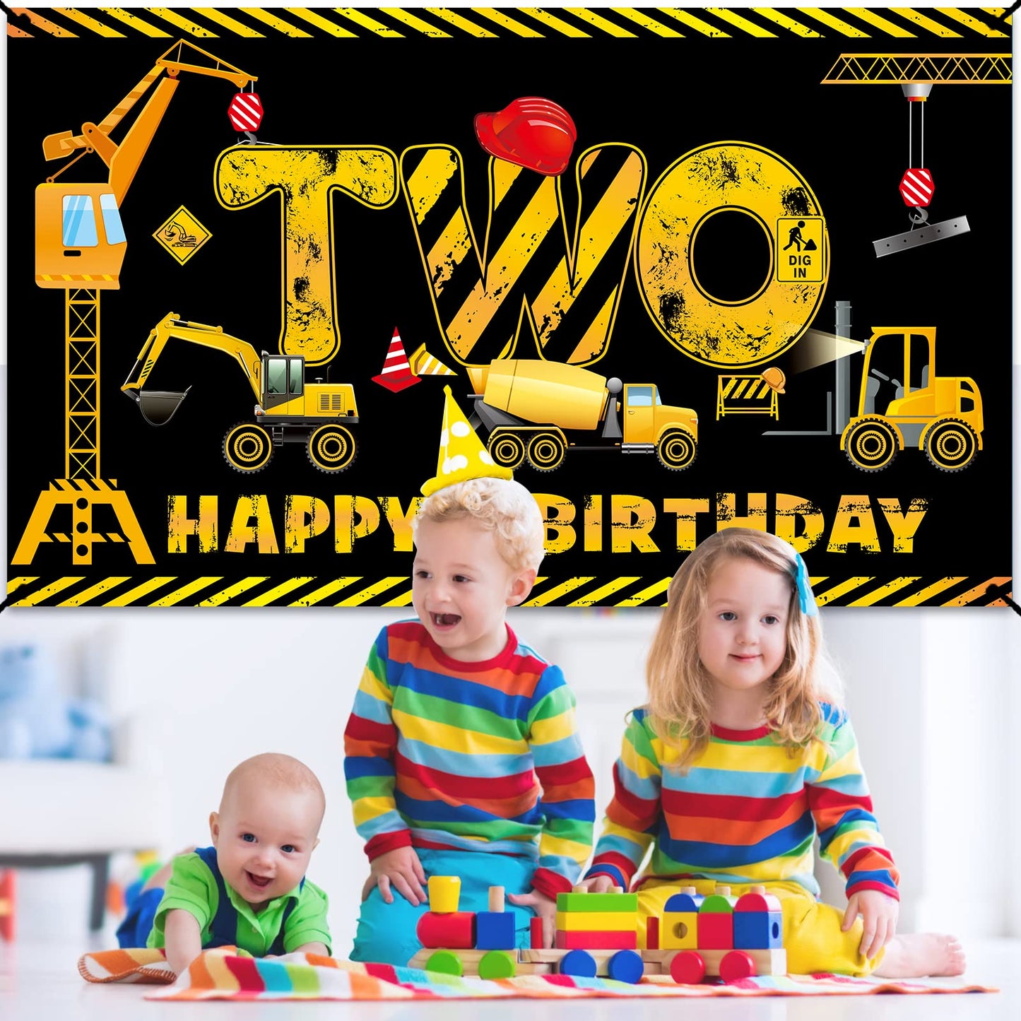 Construction 2Nd Birthday Banner Decorations For Boys Kids, Dump Truck Construction Theme Two Birthday Party Supplies, Excavator