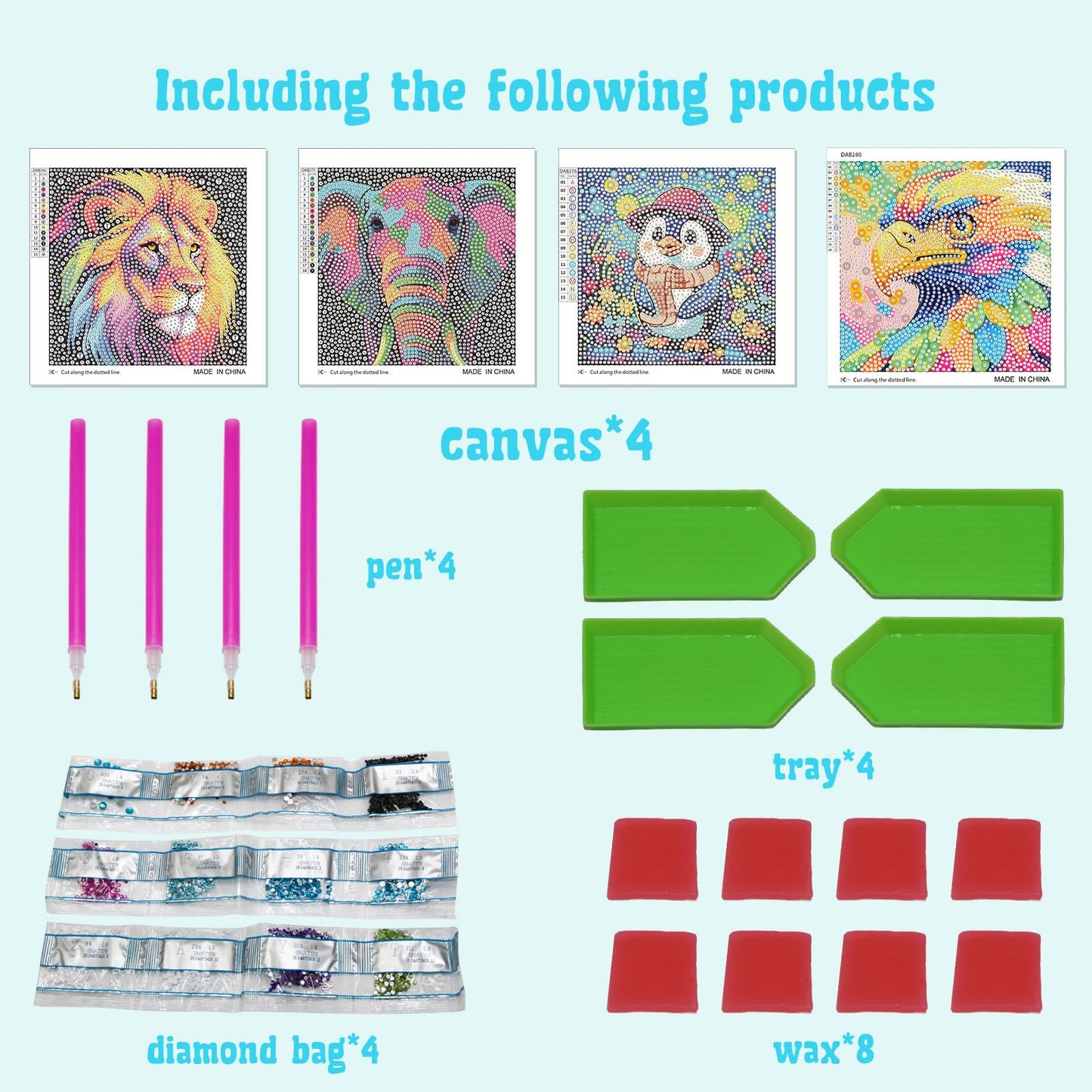 Libfx Diamond Art Kits For Kids 4 Pcs Diamond Art For Kids Girls Boys Beginners Arts And Crafts For Kids Ages 8-12 (Lion-Elephan