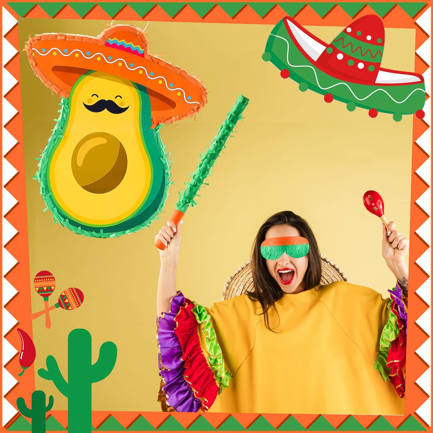 Avocado Piata Mini Sombrero Hats Mexican Fiesta Game Favors with Piata Stick Blindfold Confetti Set, 15.4 x 13 x 3 Inch