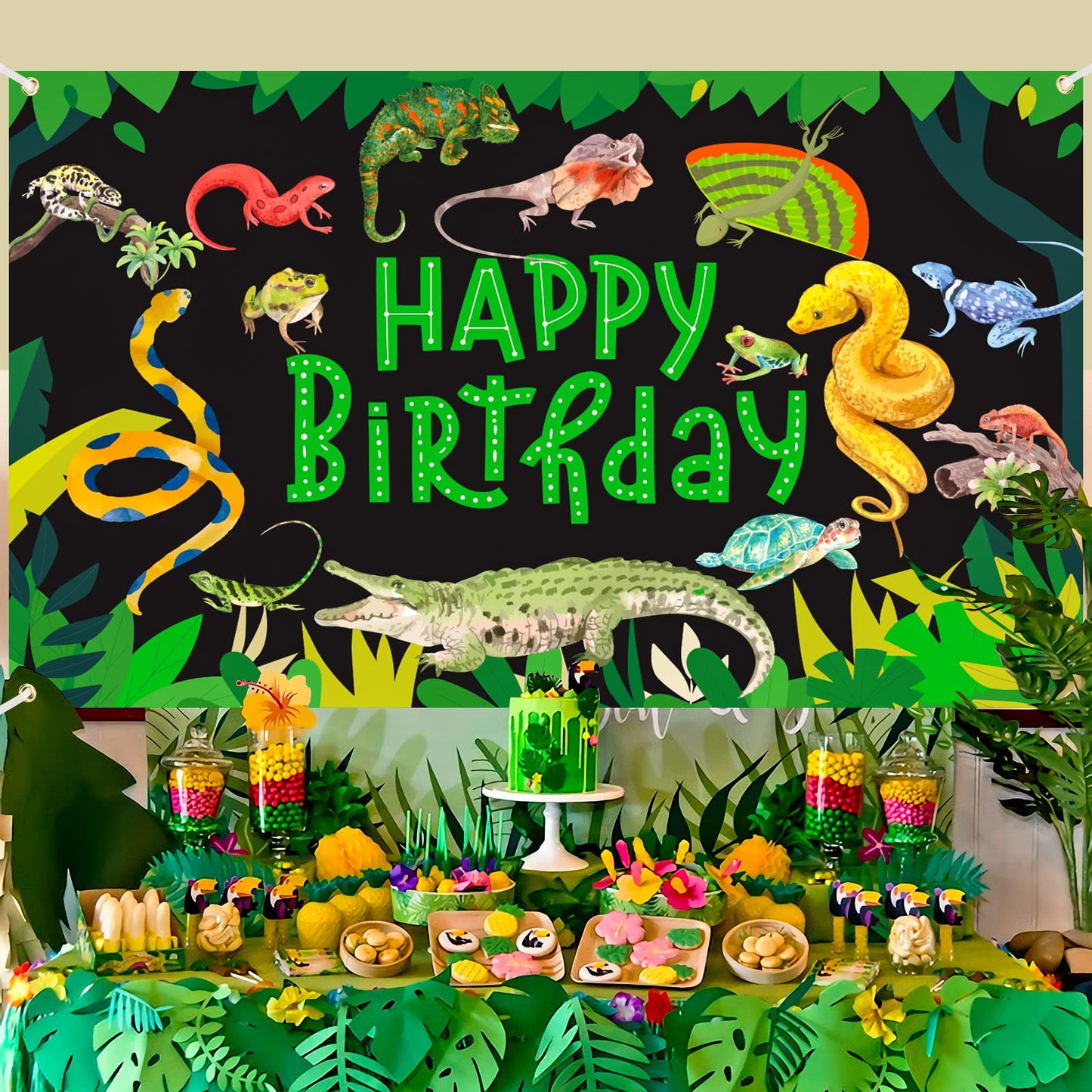 RUMIA Jungle Wild One Party Banner - Reptile Themed Decorations, 71 x 44 Inch, Polyester, Random Color, Kids Safari Animals