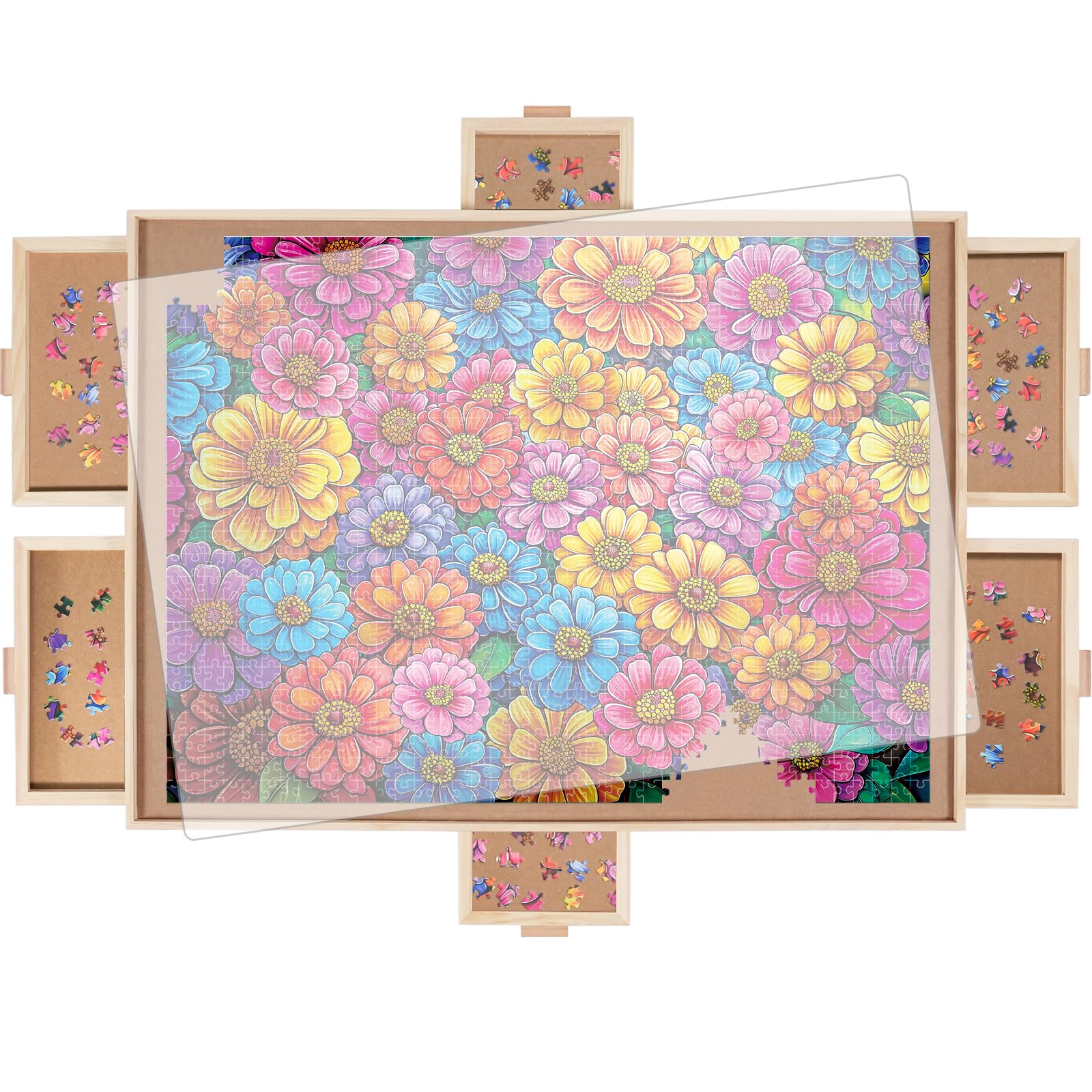 DIKASHI 2000 Pieces Rotating Puzzle Board with 6 Drawers  Lazy Susan & Transparent Cover  40.1x28.5 Portable Wooden Jigsaw Puzzle Board  Great Gift for for Puzzle Enthusiasts