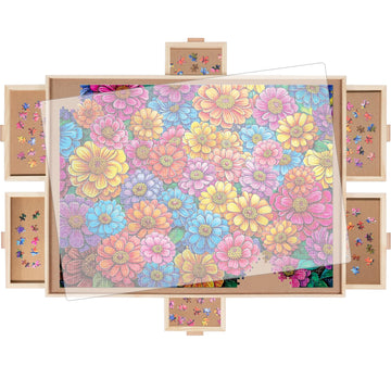 DIKASHI Rotating Puzzle Board with 6 Drawers, Lazy Susan & Transparent Cover, 30.2''x22.4'' Portable Wooden Jigsaw Puzzle Board