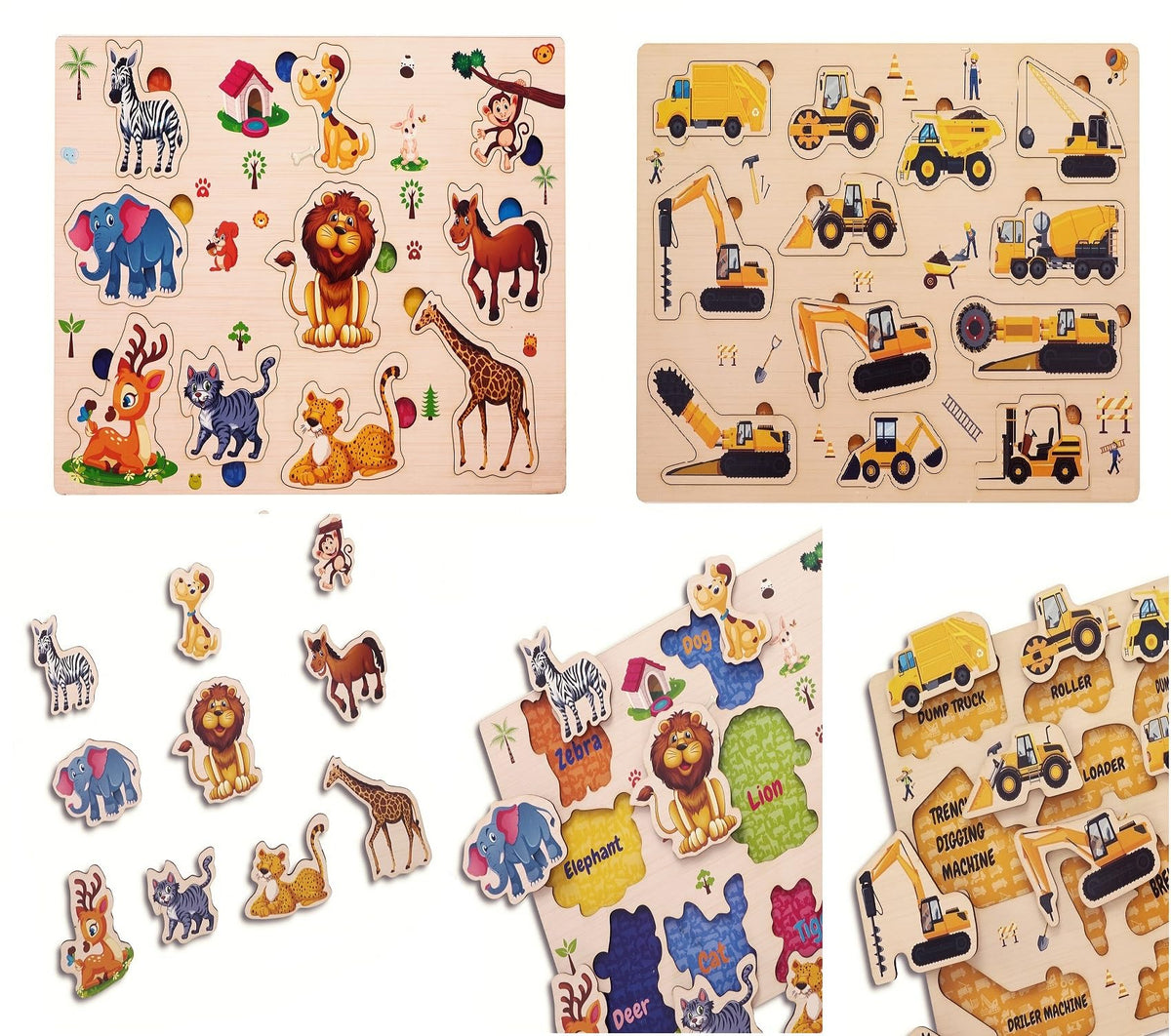 Aebco Early Educational Colorful Wooden Set of 2 Animal & Vehicles Wooden Board Jigsaw Puzzle for Pre School Toddler Kids 3 Year