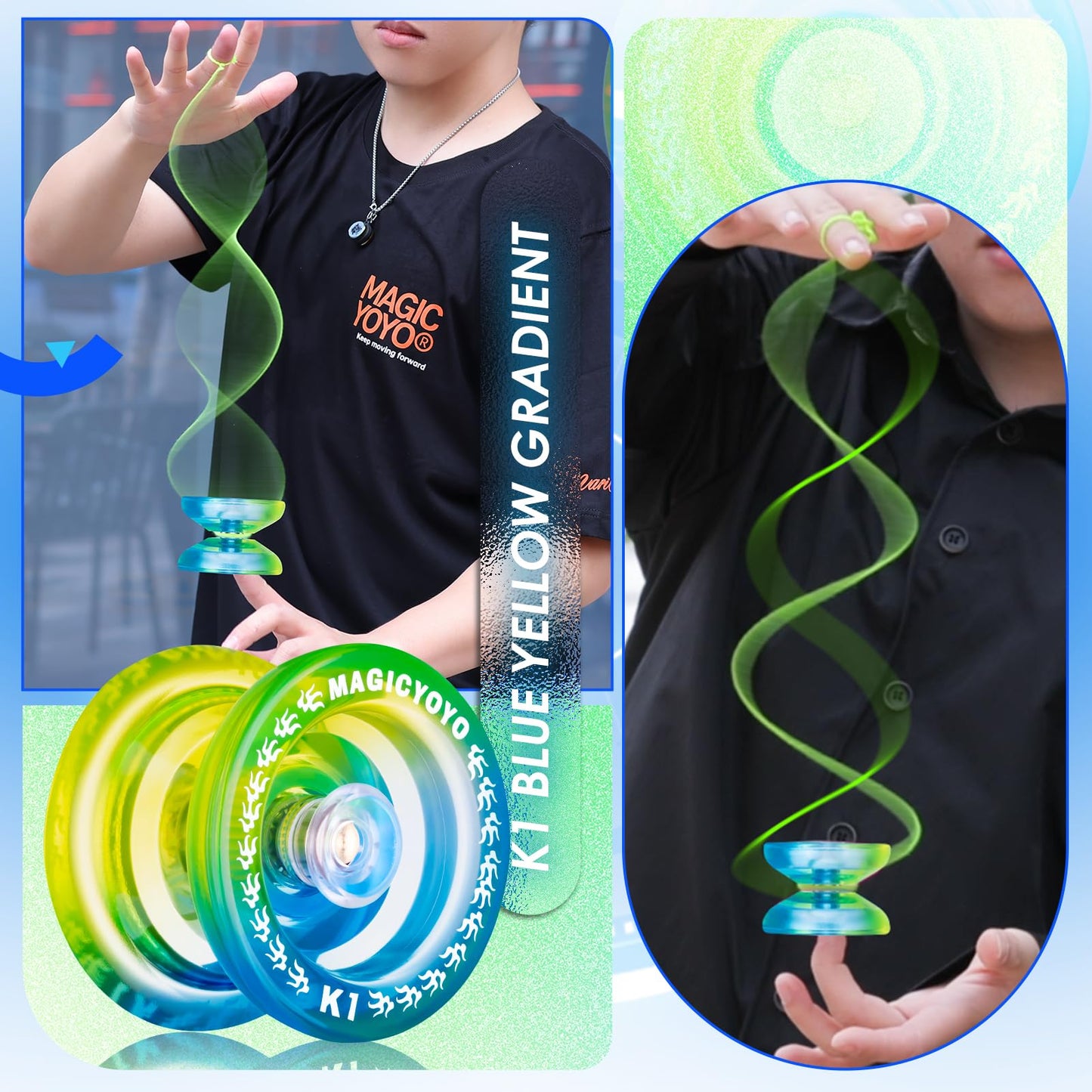 Responsive Yoyo K1 Plus - Plastic Yoyo For Kids Beginners, Yo-Yo Professional Finger Spin Yoyo Tricks With Adults, 12 Yoyo Strings + Yoyo Stroage Bag + Yoyo Glove + 2 Hubstack(Blue Yellow)
