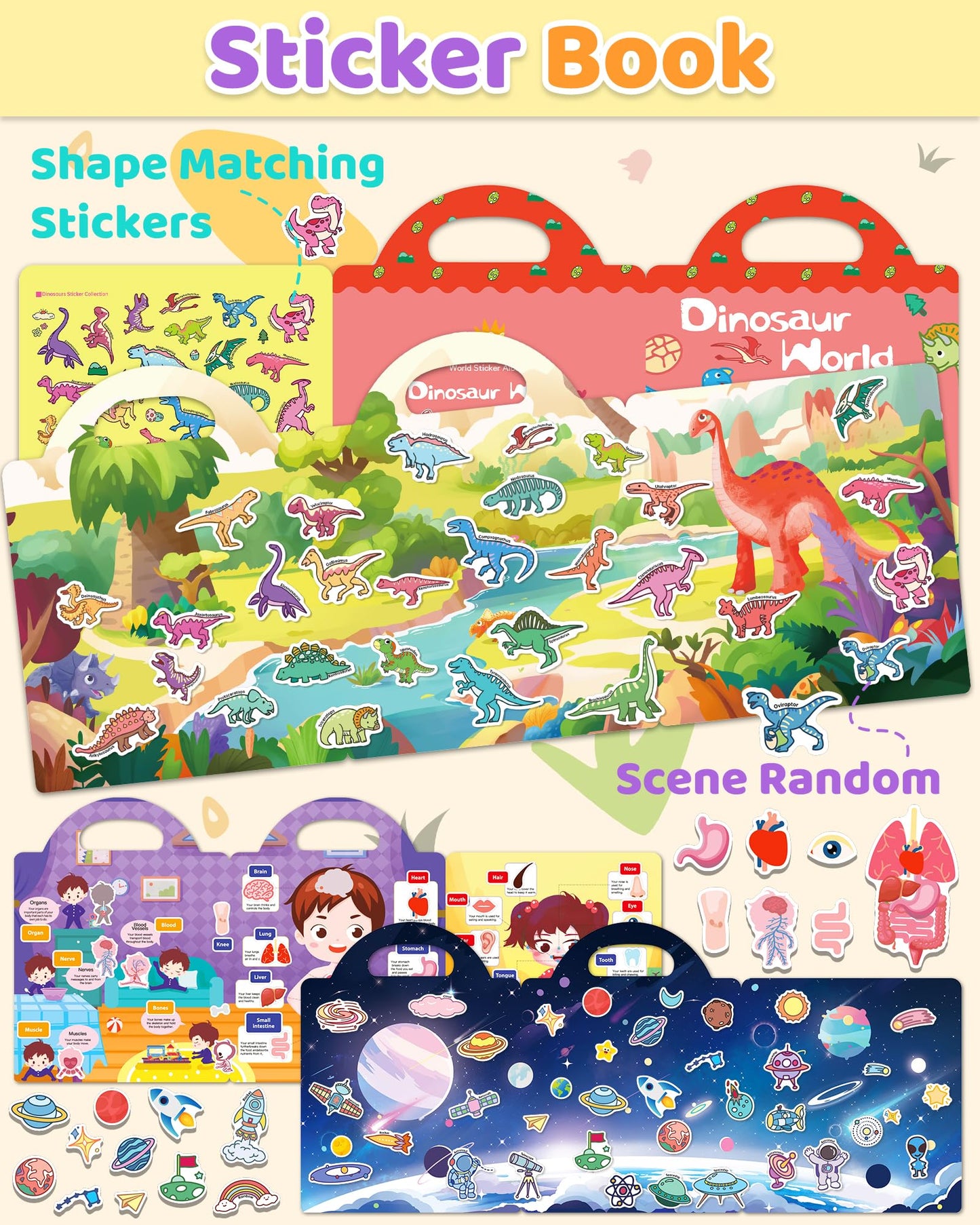Benresive Reusable Sticker Books For Kids 2-4, Sticker Books For Toddlers 1-3, Toddler Sticker Book Age 2-4, Toddler Travel Toys Activities Crafts Gifts - Dinosaurs, Space And Body