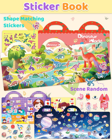 Benresive Reusable Sticker Books For Kids 2-4, Sticker Books For Toddlers 1-3, Toddler Sticker Book Age 2-4, Toddler Travel Toys Activities Crafts Gifts - Dinosaurs, Space And Body