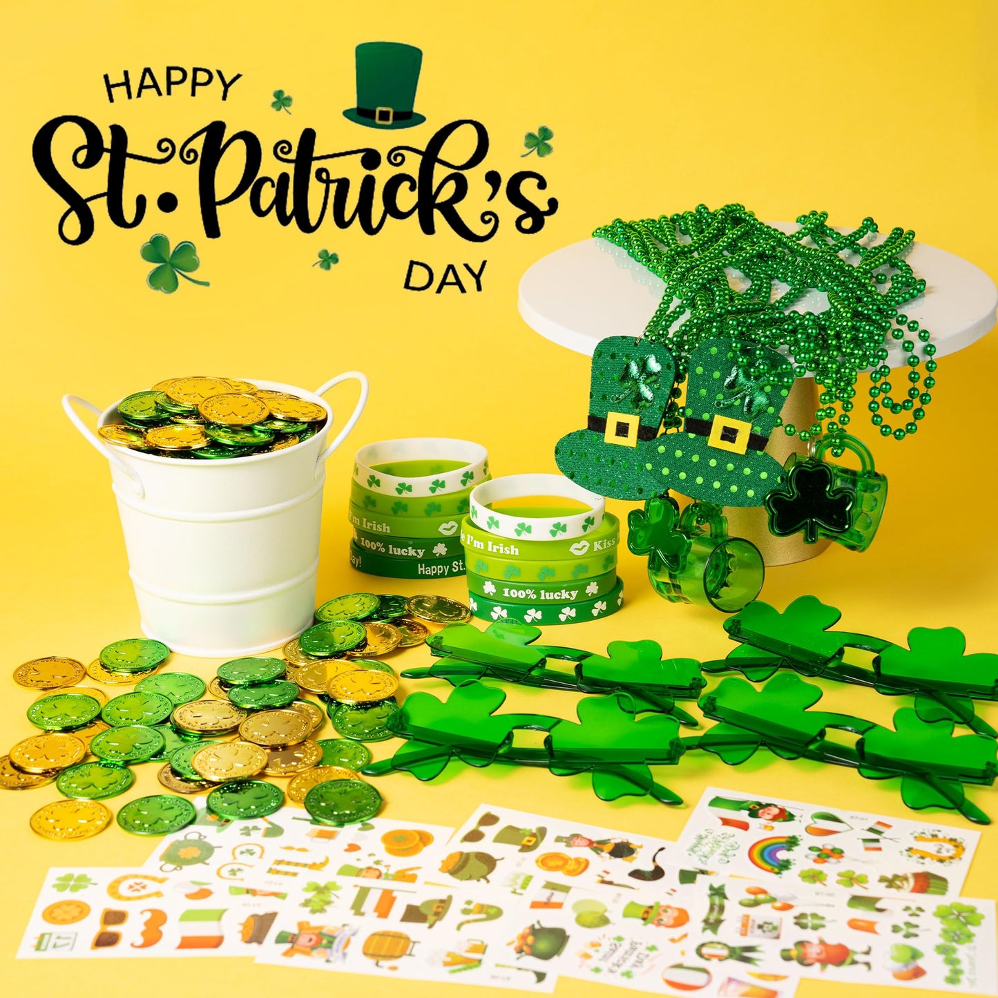 DMIGHT 163Pcs St. Patricks Day Accessories Party Favor Set, Tattoo Stickers, Necklaces, Bracelets, Shamrock Glasses, lucky Coin