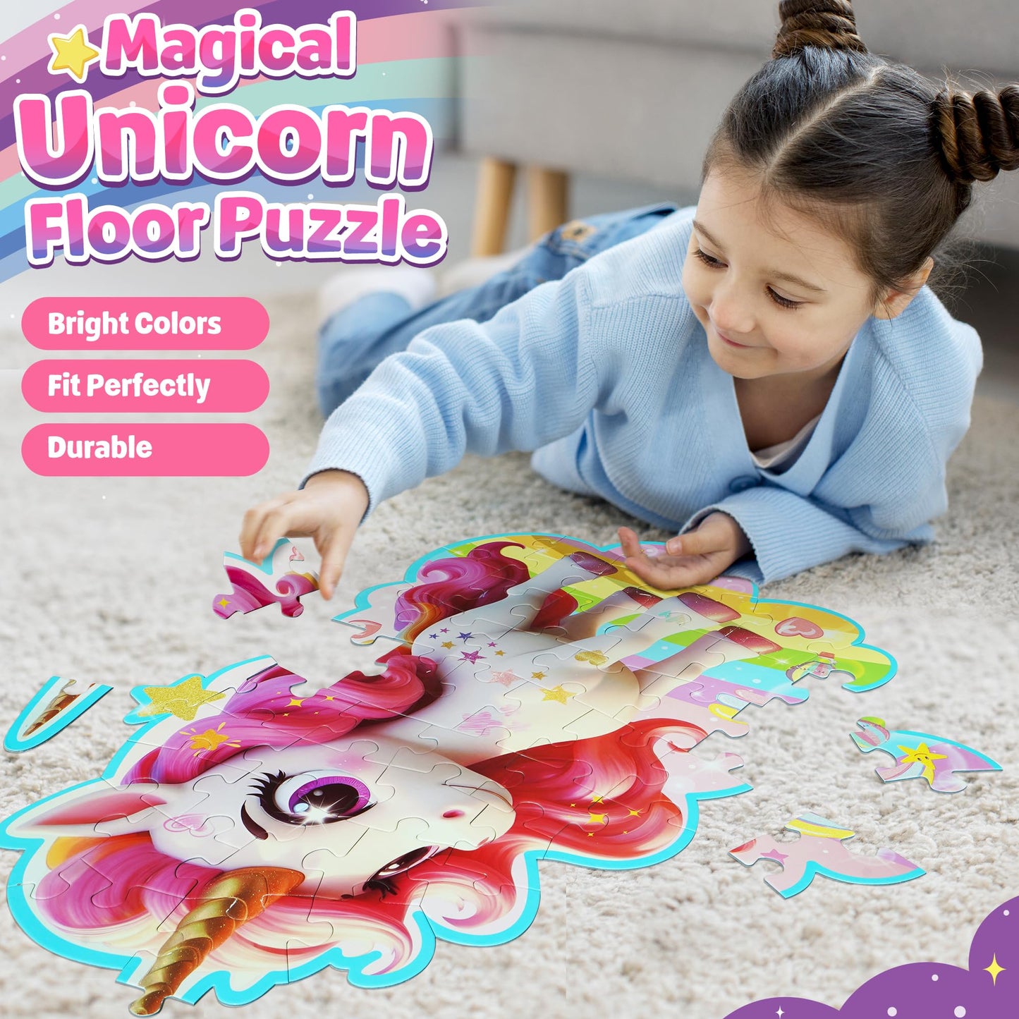 Zizz Unicorn Floor Puzzles For Kids Ages 3-5, 4-8 Years Old - Giant 48 Pieces Jigsaw Puzzles For Kids Ages 4-6 - Unicorn Toys Fo
