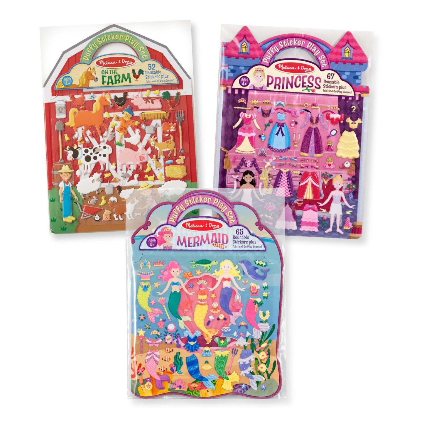 Melissa & Doug Reusable Puffy Sticker Play Set 3 Pack: On The Farm, Princess and Mermaid