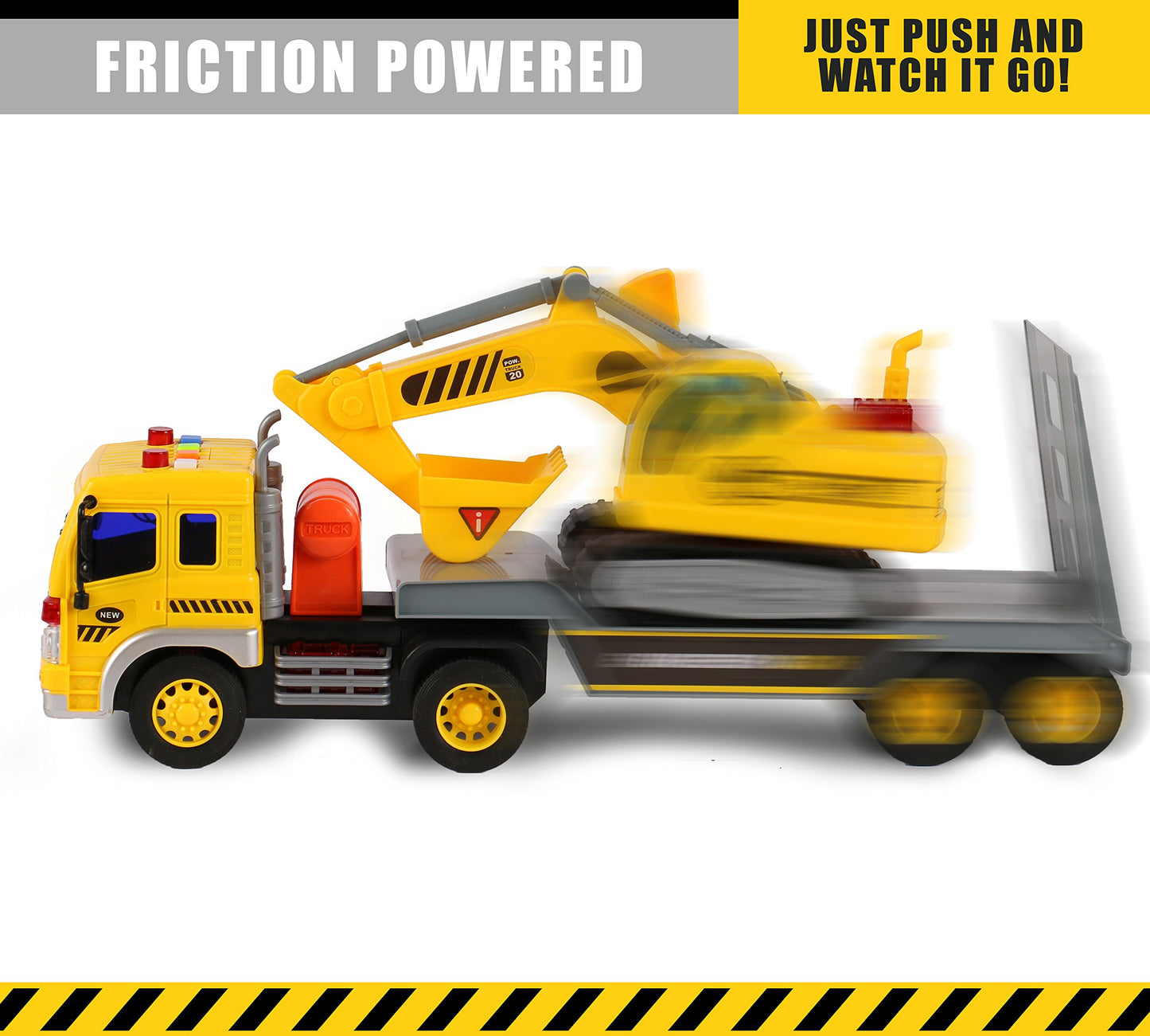TOYTHRILL Tow Truck with Excavator Toy for Boys 2+ Year Old, Construction Truck Toy with Excavator, Semi Truck with Lights and S