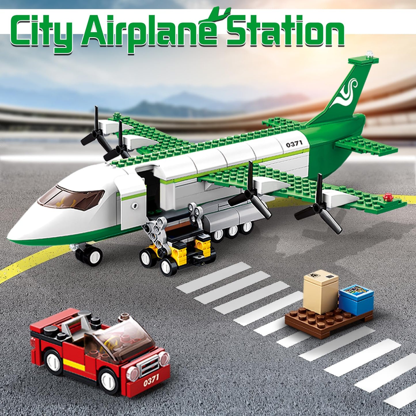 City Cargo Plane Building Set, Plane City Kits Building Blocks With Car, Luggage Tray, Movable Stairs, Compatible With Lego Plan