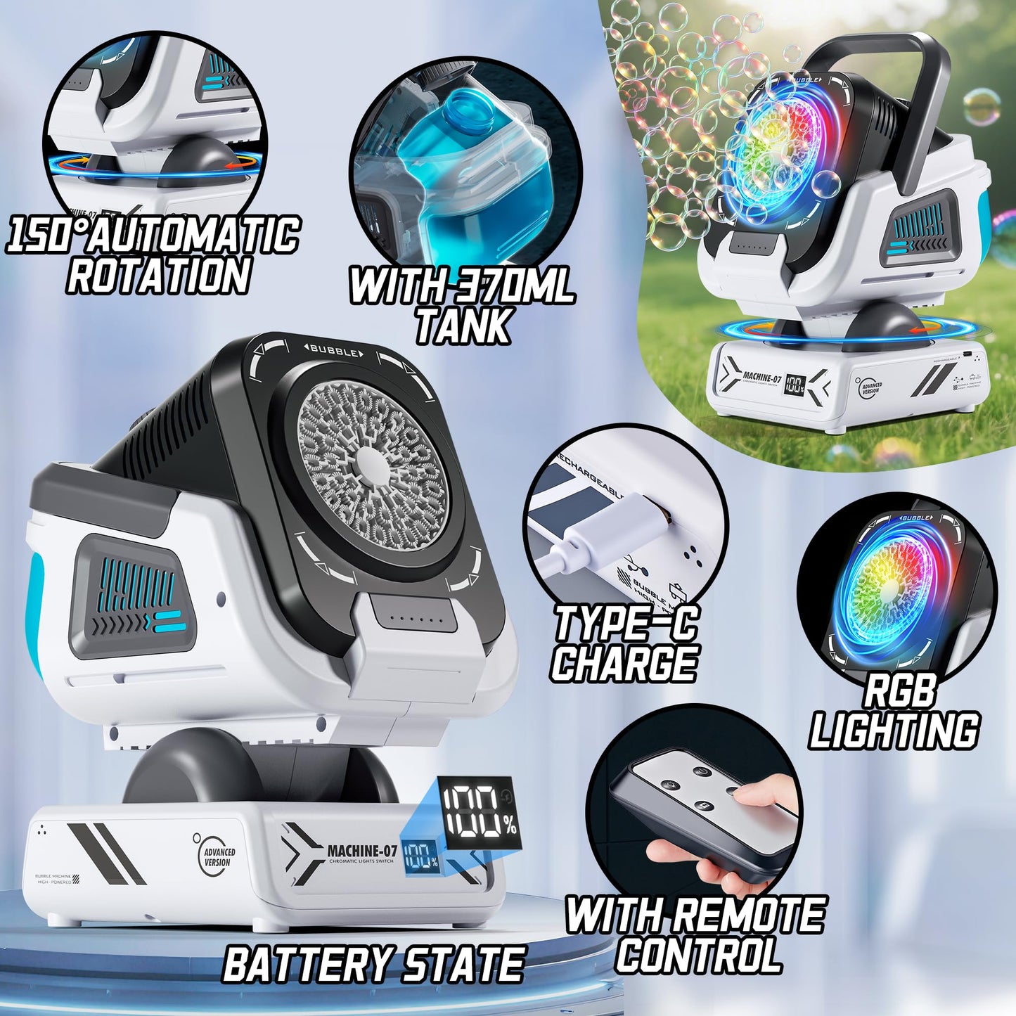 Kiskey Bubble Machine - 20000+ Bubbles/Minute, Rechargeable, Remote Control, 7 Color RGB Lights, Medium, White