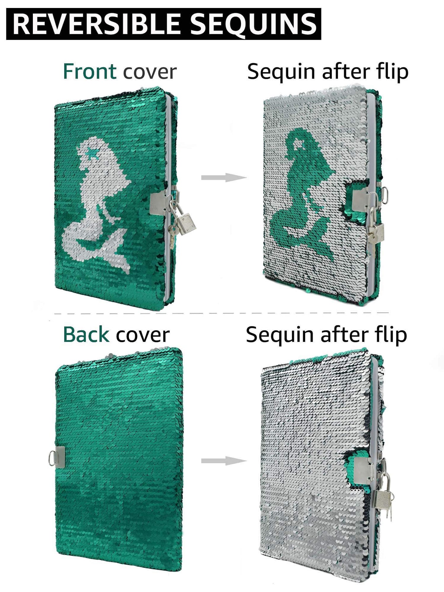 VIPbuy Magic Reversible Sequin Notebook Diary Lined Travel Journal with Lock and Key for Kids Girls, Size A5 (8.5    x 5.5   ),