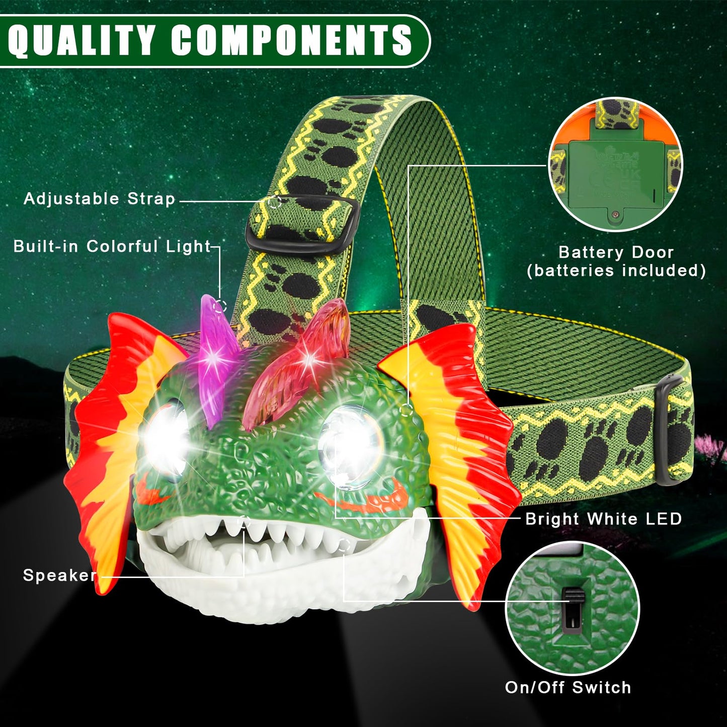 Dx Da Xin Dinosaur Headlamp Led Dilophosaurus Headlamp For Kids Camping Gear Essentials Dinosaur Toy Headlighs Flashlight For Boys Girls, Gift For Birthday Halloween Christmas New Year