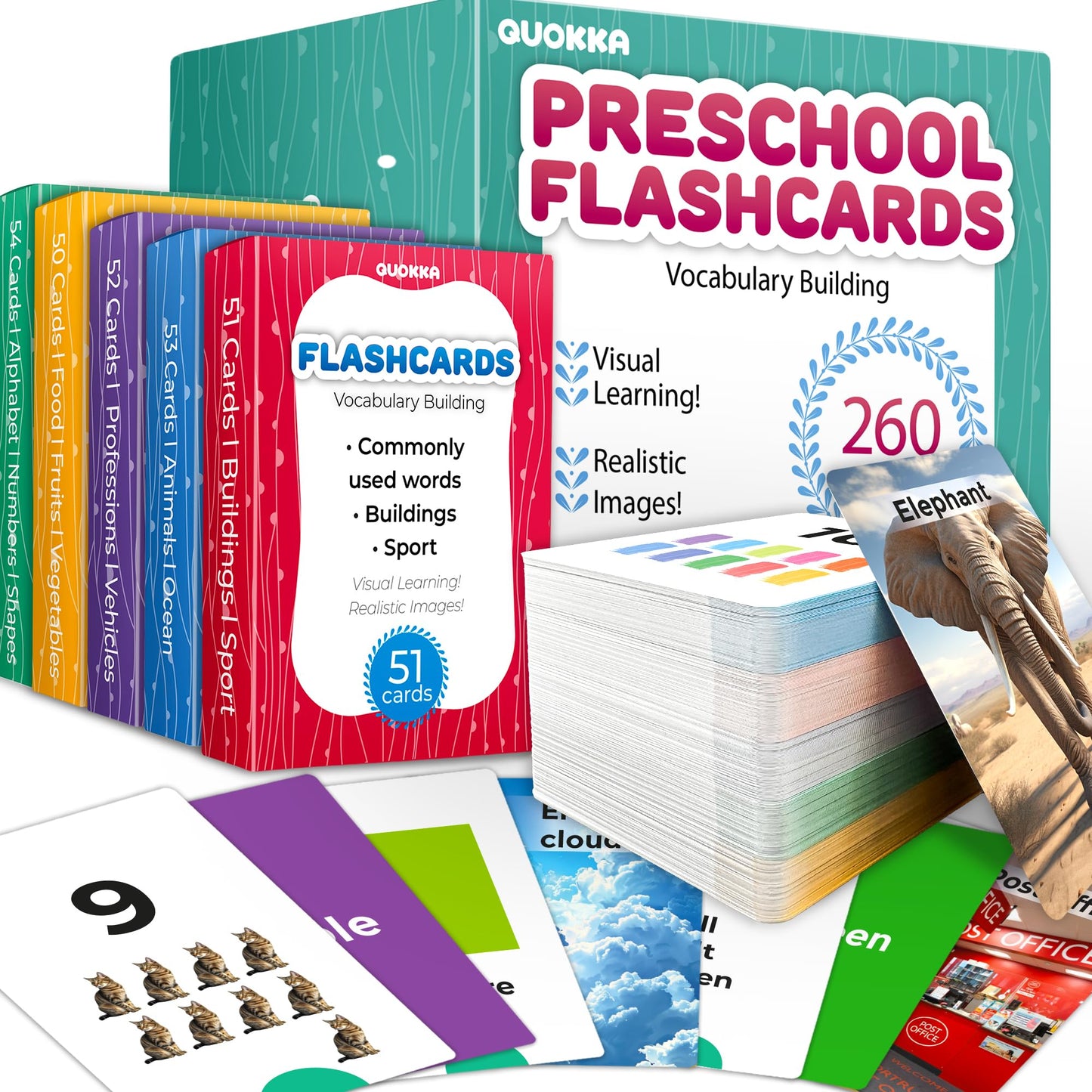 Quokka 260 Flash Cards For Kids Ages 3-5 With Realistic Images - Pre K Flash Cards Age 4-5 For Toddlers & Preschool, Alphabet, N