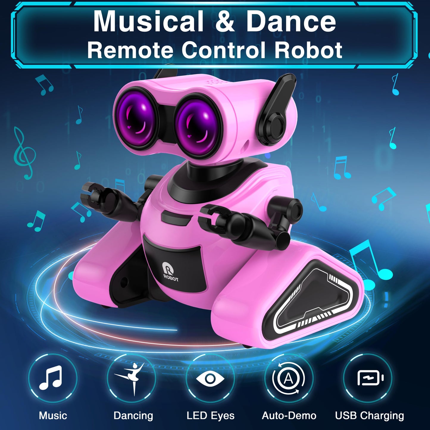 Yerloa Girls Robot Toys with 3D Stickers for 3-5, Baby Easter Toys Remote Control Robot Toy for Kids with Music and 4 Color LED