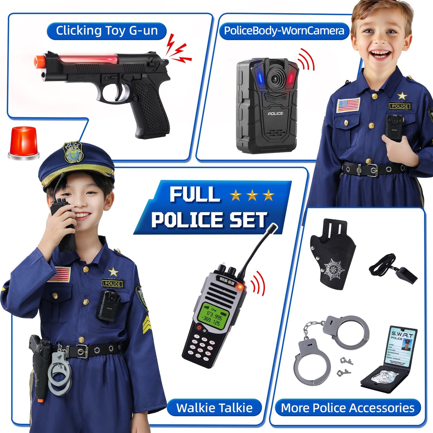 Qivbicy Police Costume for Kids - 11PCS Police Uniform Set, Navy Blue, S: 3-5Y, Nylon Material, Ideal for Role Play and Halloween