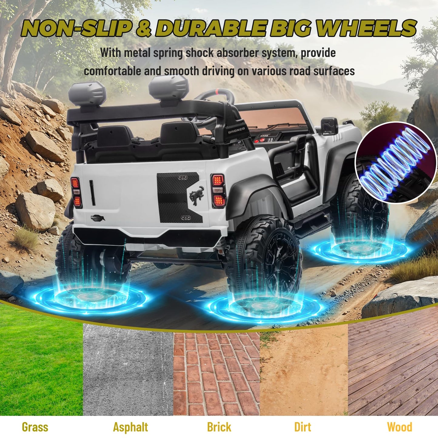 Enyopro 24V Ride On Toys For Big Kids, Licensed Ford Bronco Raptor 2-Seater Electric Car W/Remote Control, 21'' Spacious Seat, 2