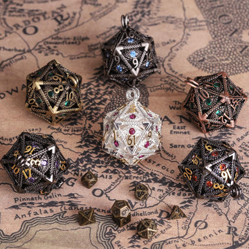 ManChDa Mini Metal DND Dice Set Hollow D20 Necklace Dice DND Case Metal Dice Set DND Keychain 7PCS Dice Set Bronze Green