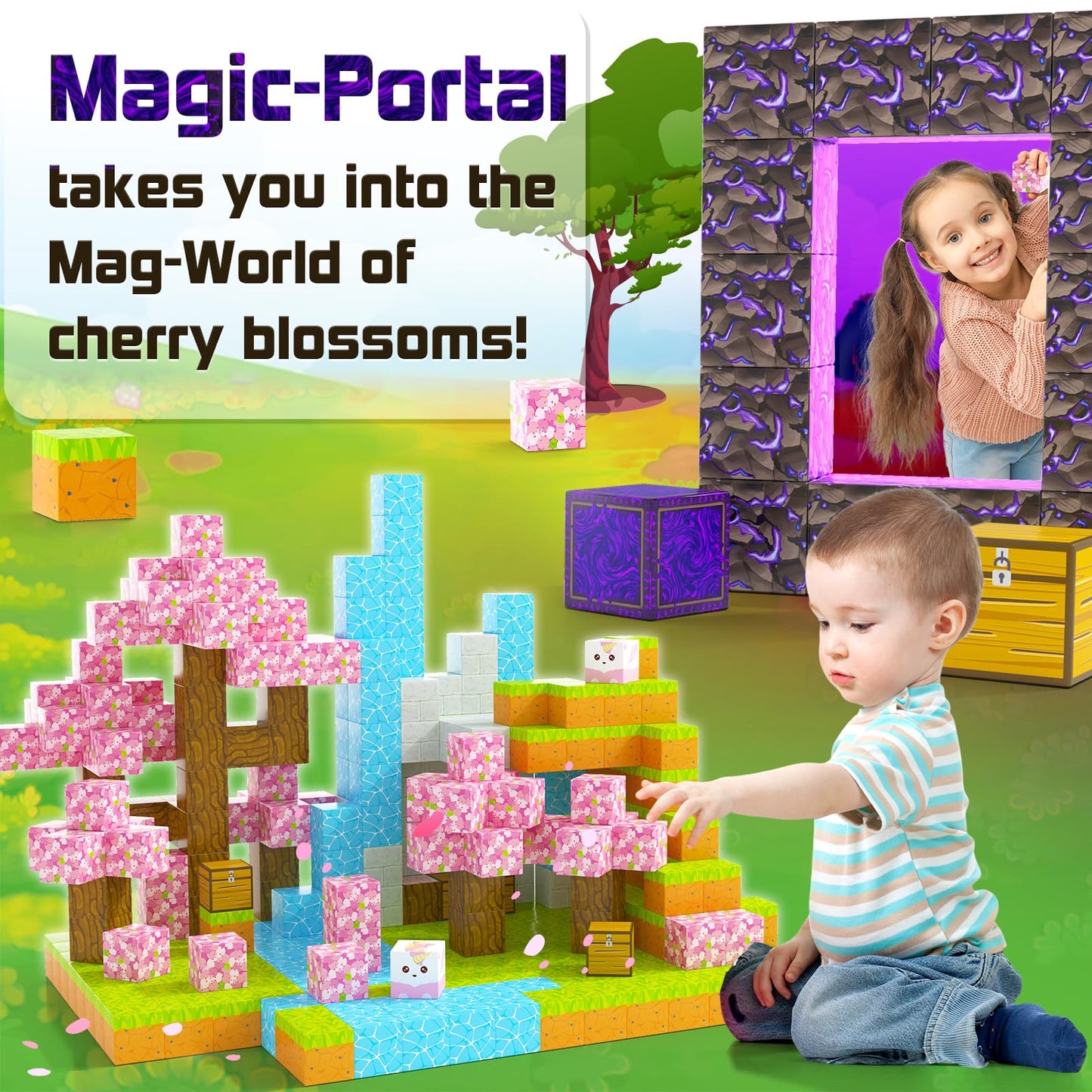 Magnetic Blocks - Build Mine Magnet World Cherry Blossom Set, Magnetic Tiles Building Stem Toys For Boys & Girl Kids Toddler Toys For 3+ Years Old