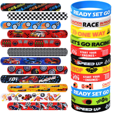 Lorfancy 48 PCS Race Cars Party Favors Slap Bracelets for Kids Boys Rubber Bracelets Silicone Wristbands Checkered Flags Car Rac