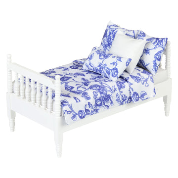 Dollhouse Furniture Mini Bed Set, Bedroom Accessories For 6 Inch Dolls, Blue Bedding, Wooden Frame, 1/12 Scale
