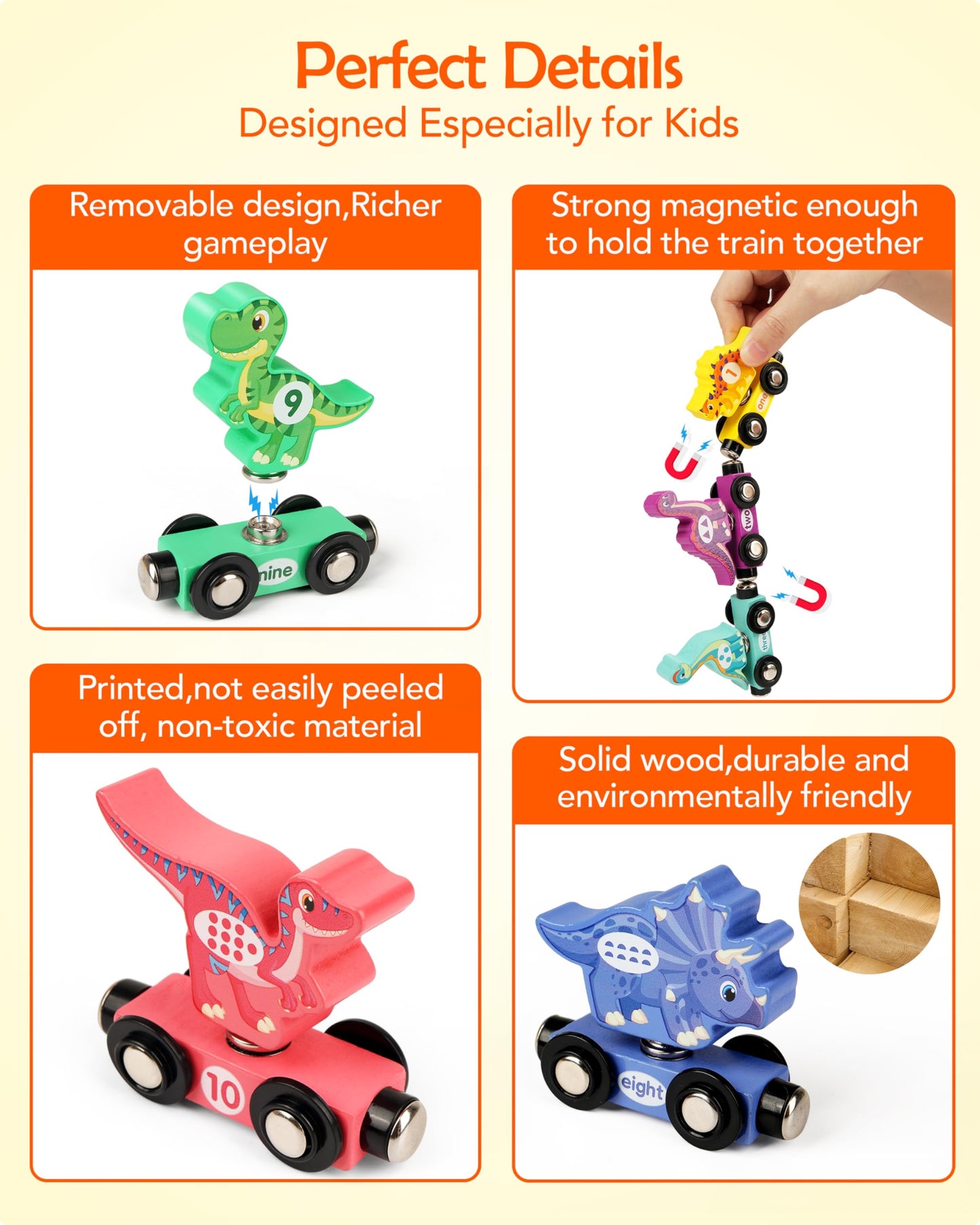 Wooden Dinosaur Train Set, Magnetic Dinosaur Toys And Number Train For Toddlers, Educational Montessori Toy For Counting And Mot