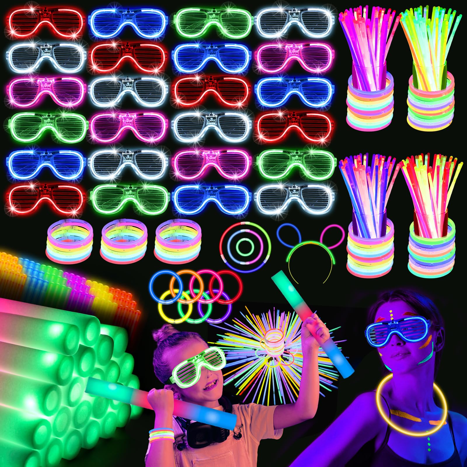 Shqdd248 Pcs Glow Party Supplies, 24 Pcs Foam Glow Sticks, 24 Pcs Led Glasses And 200 Pcs Glow Sticks Bracelets, Neon Party Favo