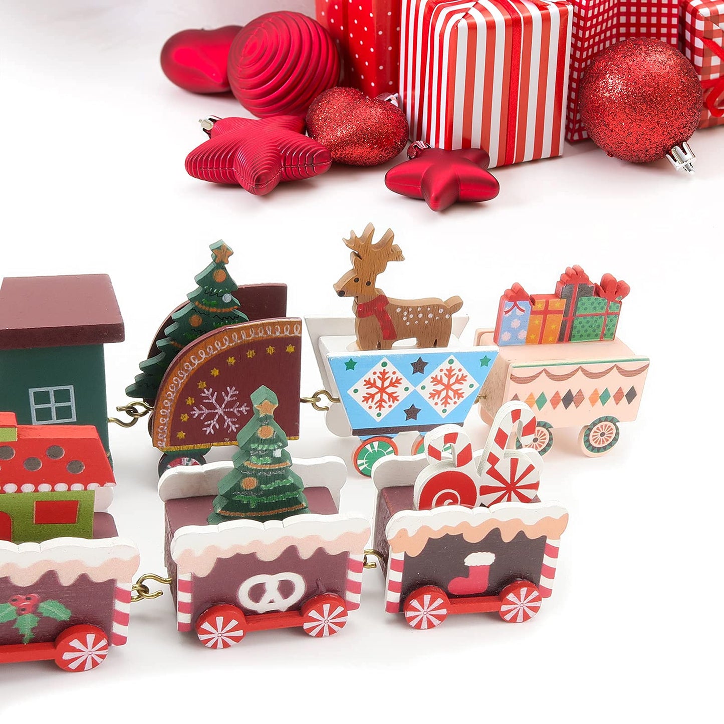 Mvnise 2Pcs Christmas Wooden Train Ornament, Mini Painted Train Decoration Kids Gift Toys, Xmas Table Top Adornment For Christma