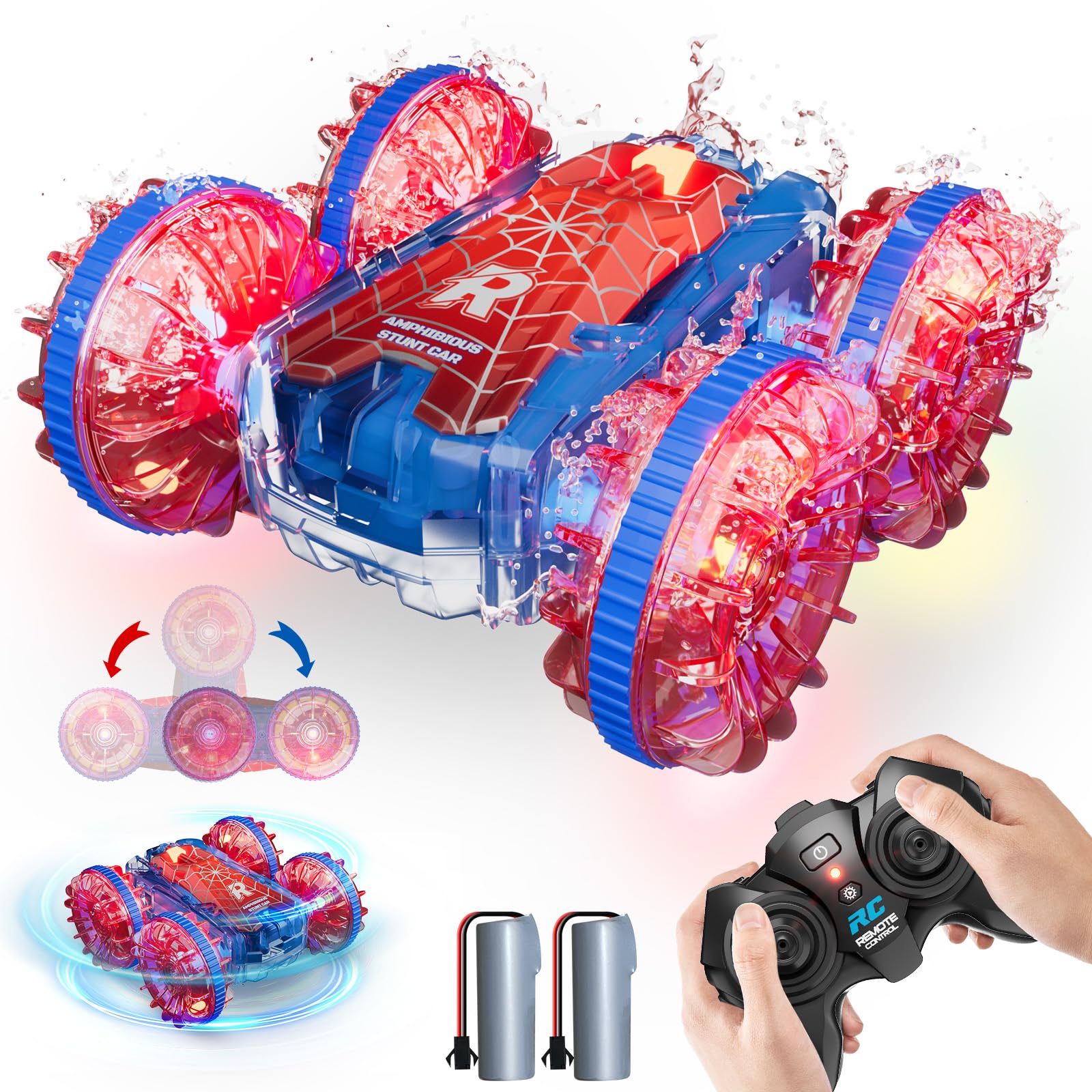 Waterproof RC Cars for Kids with LED Lights, Remote Control Car for Boys Age 4-7 8-12 4-8, Amphibious 4WD Stunt Car Swimming Poo