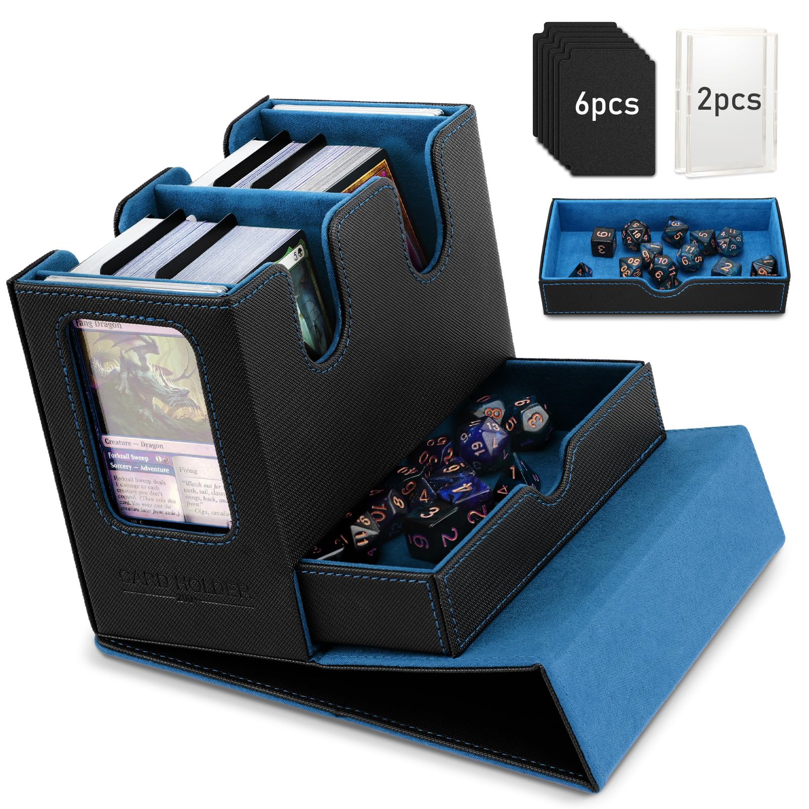 TiMOVO MTG Deck Box  MTG Commander Card Deck Box with Commander Display & Dice Tray Fits 400+ Unsleeved Cards  Leather Magnetic Card Storage Case with 6 Dividers for TCG CCG Magic Cards  Black+Blue