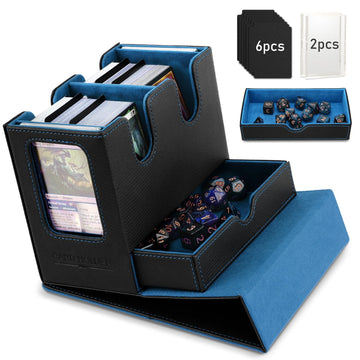 TiMOVO MTG Deck Box  MTG Commander Card Deck Box with Commander Display & Dice Tray Fits 400+ Unsleeved Cards  Leather Magnetic Card Storage Case with 6 Dividers for TCG CCG Magic Cards  Black+Blue