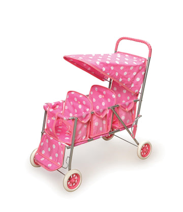 Badger Basket Folding Triple Doll Stroller For 18-Inch Dolls – Stylish Pink With Polka Dots, Lightweight And Convenient For Fun Playtime Adventures