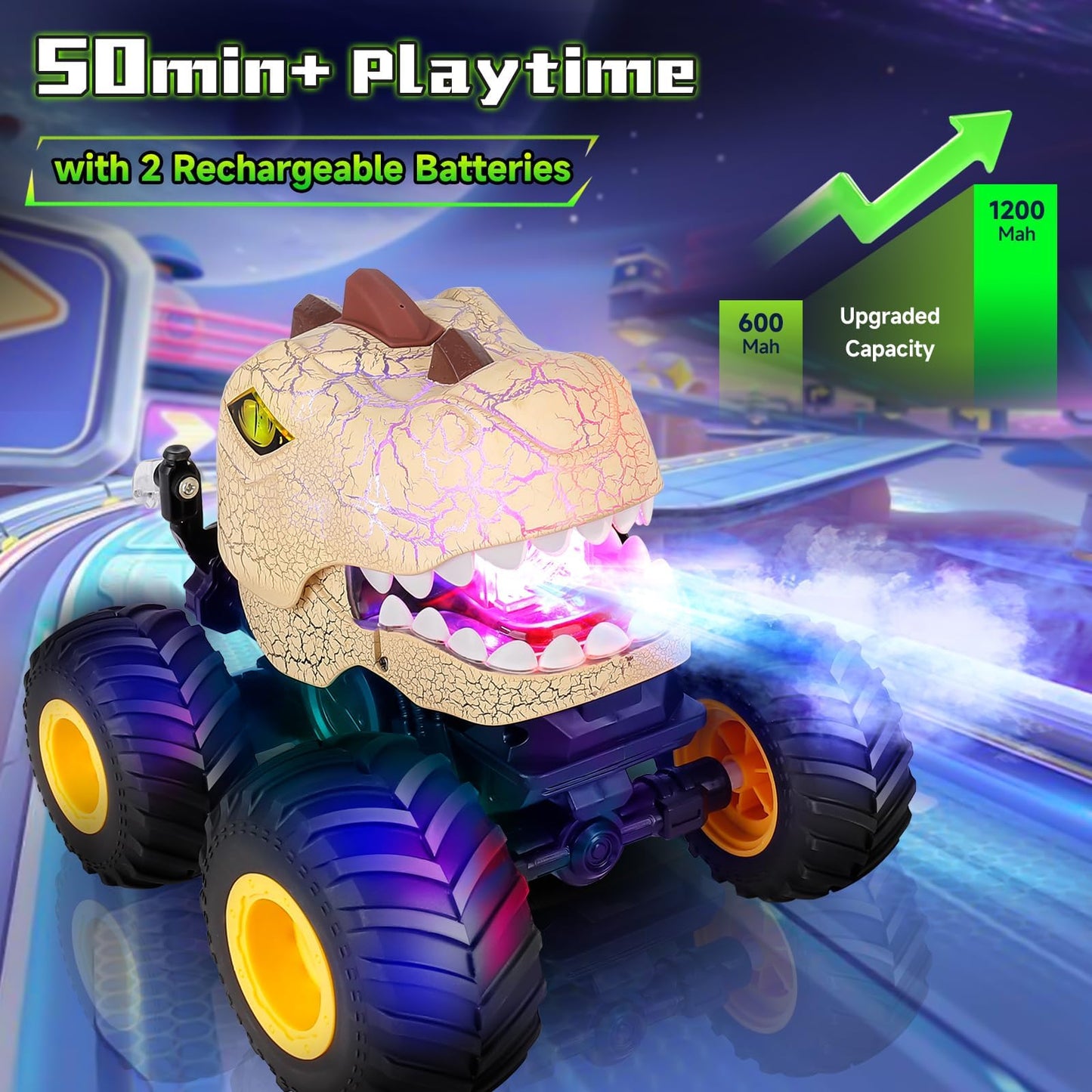 Drefirsa Remote Control Dinosaur Car for Boys Age 4-7 8-12, 50min+ Runtime Monster Truck Toy with Spray, Light, Music, 360 Rotat