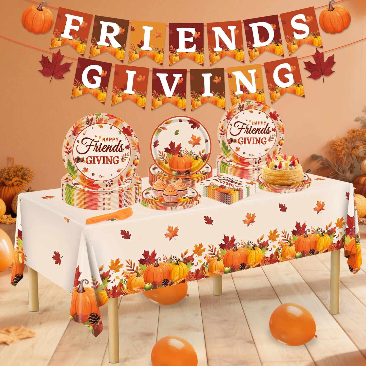 REDWORD Friendsgiving Plates, 98Pcs Friendsgiving Paper Plates-Serve 24 with Friends Giving Banner Fall Pumpkin Tablecloth Napki