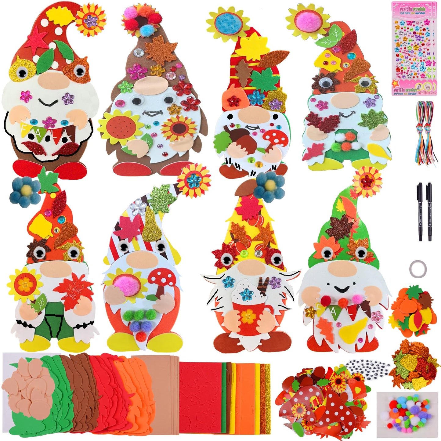 24 Sets Fall Gnome Crafts Kits for Kids,DIY Fall Harvest Gnomes Ornaments Decorations Art with Leaf Pumpkin Sunflower Foam Stick