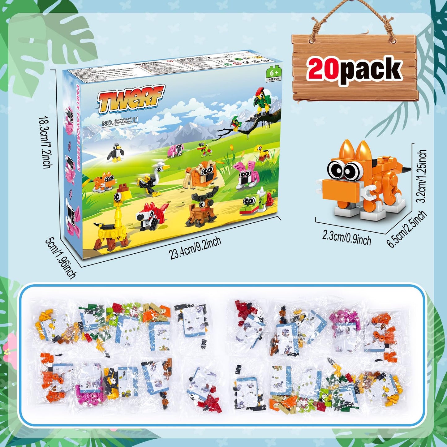Twerf Party Favors - 20 Pack Mini Animals Building Blocks Set, Goody Bags Stuffers, Small Toys For Kids Prizes, Birthday Party F